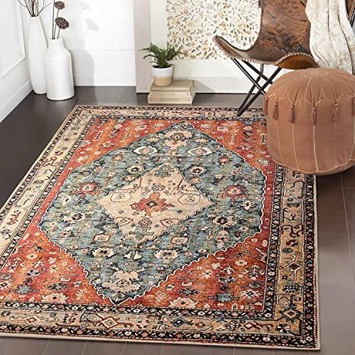 KIMODE Boho Tribal Teppich Schlafzimmer 90 x 150cm, Bohemian Eingangsbereich Innen Teppich Distressed Kunstwolle rutschfest Waschbar Kurzflor Teppich,Für Wohnzimmer Küche Esstisch Rot von KIMODE