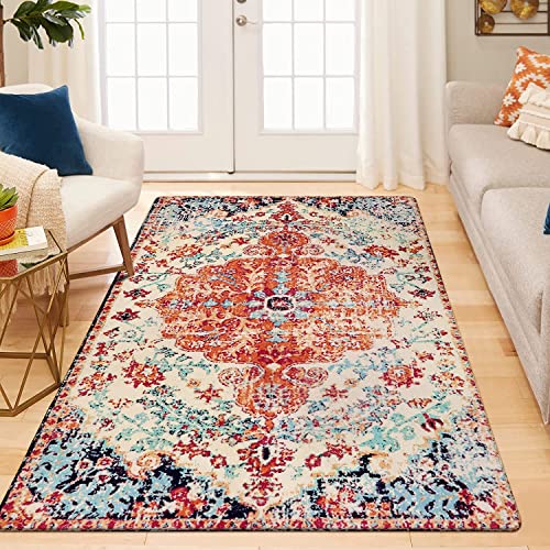 KIMODE Boho Blumen Medaillon Teppich Wohnzimmer, 120 x 180 cm Orientalischer Distressed Teppich Groß Weiche rutschfest Waschbarer Kurzflor Teppich Für Schlafzimmer Esszimmer von KIMODE