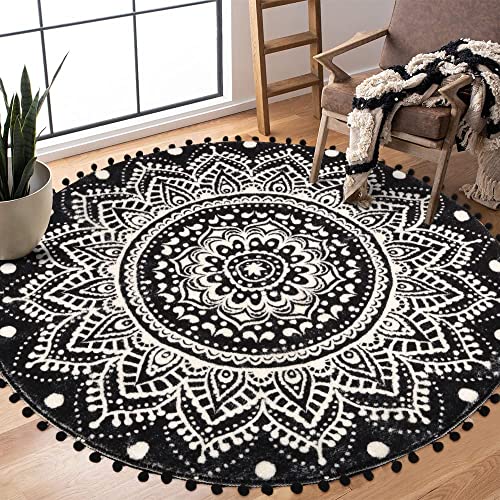 KIMODE Boho Runder Schwarz Teppich 120cm Mandala Schlafzimmer Weicher Groß Teppich mit Pom Pom Fransen rutschfest Waschbar Akzentüberwurf Teppich für Schlafzimmer Sofa Kinderzimmer von KIMODE