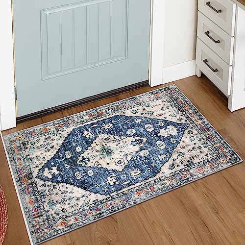 KIMODE Boho Tribal Teppich Klein Fußmatte Innen,60 x 90cm Blau Waschbarer Bohemian Kurzflor Orientalisch Badematte,Weich rutschfest Badezimmer Teppiche Für Schlafzimmer Küche Eingangsbereich von KIMODE