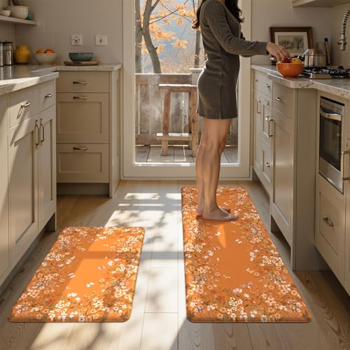 KIMODE Küchenmatten, gepolstert, Anti-Ermüdung, Orange, Bauernhaus-Küchenteppich-Set, Halloween-Küchenmatten für Boden, gepolsterte Küchenbodenmatten für Waschbecken, Waschküche, Büro, Schreibtisch von KIMODE