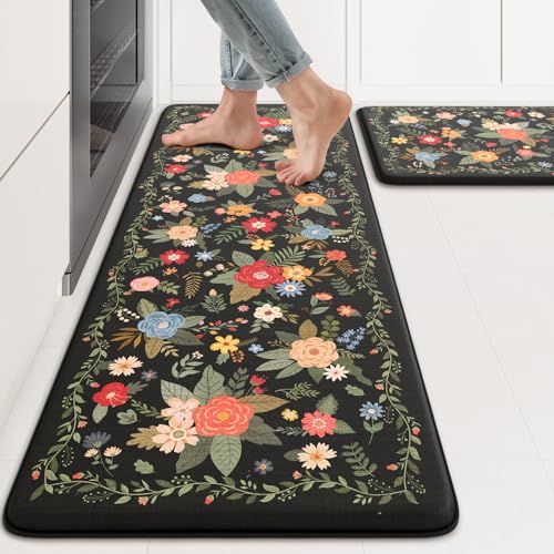 KIMODE Küchenmatten, gepolstert, Anti-Ermüdung, schwarz, Blumenmuster, Küchenteppich-Set, 2er-Set, gepolsterte Küchenbodenmatten, rutschfest, Komfortschaum-Stehmatten für Waschküche, Büro, Waschbecken KIMODE Küchenmatten, gepolstert, Anti-Ermüdung, schwarz, Blumenmuster, Küchenteppich-Set, 2er-Set, gepolsterte Küchenbodenmatten, rutschfest, Komfortschaum-Stehmatten für Waschküche, Büro, Waschbecken von KIMODE