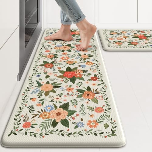 KIMODE Küchenmatten für Boden, Anti-Ermüdung, weiße florale Teppiche für Küchenboden, gepolsterte Küchenbodenmatten, gepolsterte Küchenmatten für den Boden, 2-teilig, für Waschküche, Büro, Waschbecken KIMODE Küchenmatten für Boden, Anti-Ermüdung, weiße florale Teppiche für Küchenboden, gepolsterte Küchenbodenmatten, gepolsterte Küchenmatten für den Boden, 2-teilig, für Waschküche, Büro, Waschbecken von KIMODE