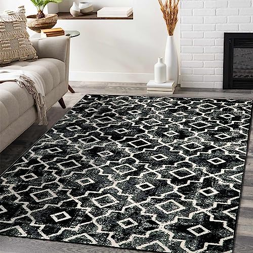 KIMODE Marokkanische Teppich Wohnzimmer - 90x150cm Waschbar Schwarz/Grau rutschfest Schlafzimmer Teppiche,Weich Kurzflor Moderne Wohnzimmerteppich Für Küche Flur Esszimmer Eingangsbereich von KIMODE