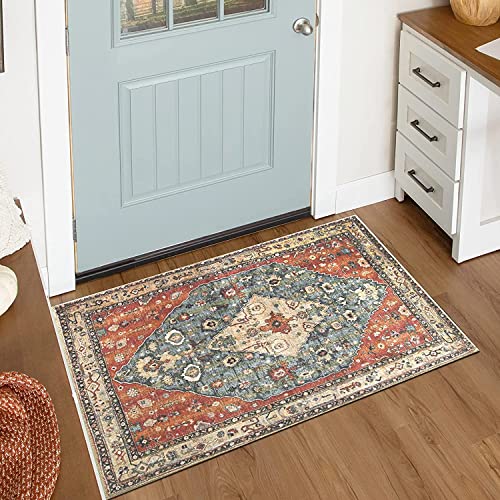 KIMODE Boho Fußmatte Innen, 60 x 90cm Kurzflor Fußmatte Waschbar, Distressed Kunstwolle rutschfest Fussmatte Innen Weich Badezimmer Teppiche für Haustür Schlafzimmer Küche Eingangsbereich Rot von KIMODE