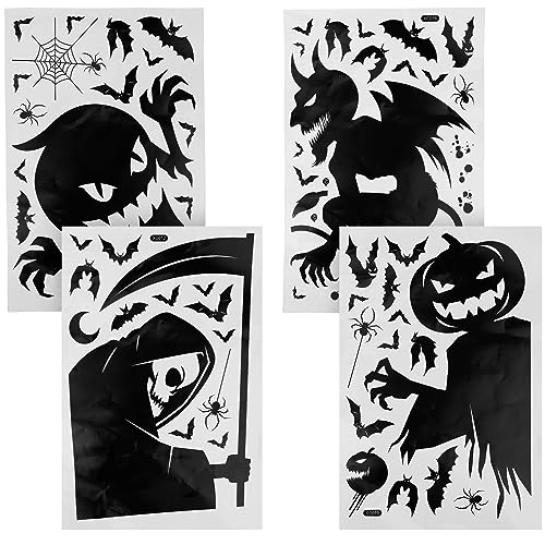 4 Bögen Halloween Fensteraufkleber, 4 Designs Halloween Fensteraufkleber Gruseliger Sensenmann Kürbis Dämon Geister Dekorationen für Fenster, Türen, Zuhause, Büro von KINBOM