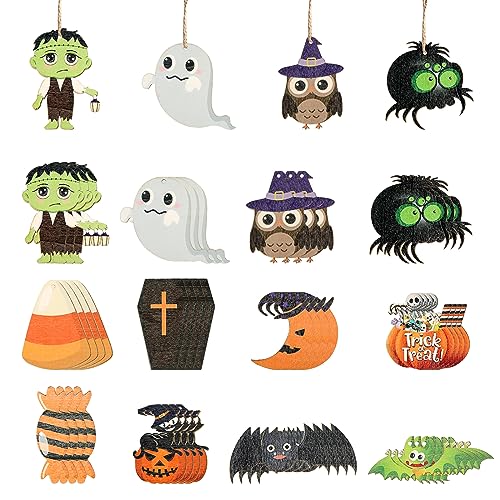 48st Halloween Hängeornamente aus Holz, Interessanter Stil Halloween Ornamente Kürbis Grusel Fledermaus Süßigkeitsanhänger Halloween Baumschmuck mit Seilen für DIY Halloween Partydekorationen von KINBOM