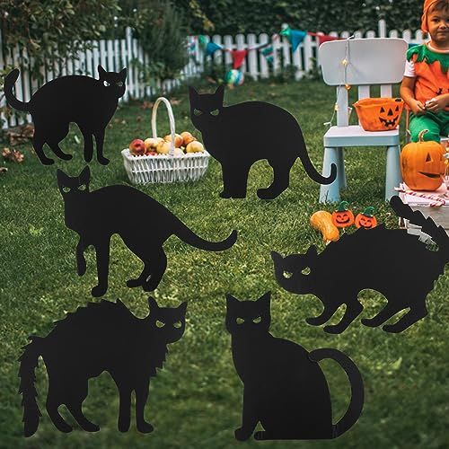 6 Stück Schwarze Katze Deko Halloween, Gruselige Silhouette Einer Schwarzen Katze mit Pfählen Hofschilder mit schwarzer Katze für Halloween Partys Garten und Rasendekoration im Freien von KINBOM