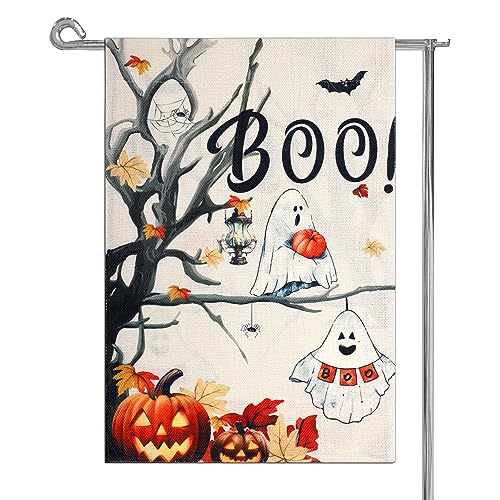 KINBOM Halloween Gartenflagge, 30 x 45 cm Doppelseitige Garten Sackleinen Flagge Gruselige Kürbisfledermaus Gruseliges Gartenbanner für Halloween Zuhause Hof Dekoration (Geist) von KINBOM