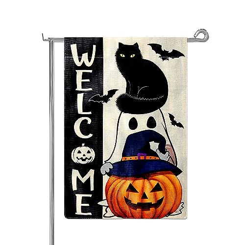 Halloween Ghost Cat Boo Gartenflagge, 30x45cm Doppelseitiges Sackleinen Halloween Gartenflaggen für Draußen Halloween Dekor Flagge für Saisonale Feiertage Hof Draußen von KINBOM