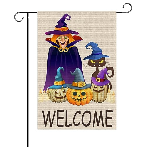 Halloween Kürbis Gartenflagge, 30x45cm Flachs Doppelseitige Gartenflagge Gruselige Hexe Kürbiskatze Gruselig Halloween Gartenflagge für Draußen Dekoration von KINBOM