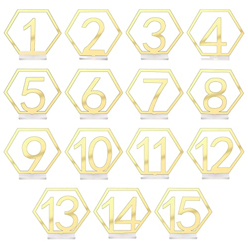 KINBOM 15 Stück 1-15 Hochzeit Acryl Tischnummern Ausschnitt mit Halter Hexagon Tische Mittelstücke für Empfangsdekorationen (Gold) von KINBOM