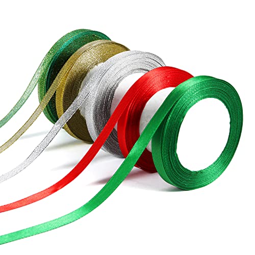 KINBOM 5 Rollen Weihnachtsbänder, 1cm x 22,9m weihnachtliches Glitzerband metallisches Glitzer Band Schmal für Weihnachtsbaumdekoration Geschenkverpackung Basteln (2 Stile) von KINBOM