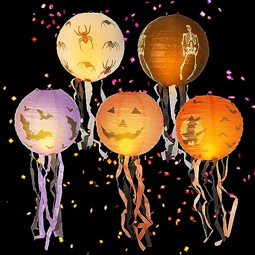 5St Halloween Papierlaternen, Faltbar Halloween Deko Laternen mit Quasten, Gruselige Papierlaternen für Halloween Party Dekoration(10 Zoll) von KINBOM