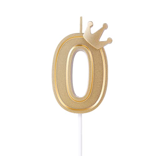 KINBOM 7,6cm 3D Zahlen Geburtstagskerzen, Zahlen Geburtstagskerzen mit Kronendekor Cake Topper Zahlenkerzen für Torte Geburtstags Jubiläum Hochzeit Abschlussfeier (Gold, 0) von KINBOM