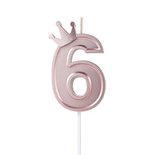 KINBOM 7,6cm 3D Zahlen Geburtstagskerzen, Zahlen Geburtstagskerzen mit Kronendekor Cake Topper Zahlenkerzen für Torte Geburtstags Jubiläum Hochzeit Abschlussfeier (Roségold, 6) von KINBOM