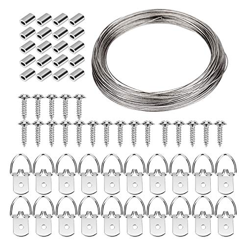 KINBOM aufhänger für bilder draht 20 Stück D-Ring-Bildaufhänger mit Schrauben, 20 Stück Aluminium-Crimp-Schleifenhülse, 1 Stück Stahlseil Unterstützt bis zu 33 lbs (0,8 mm x 100 Fuß) von KINBOM