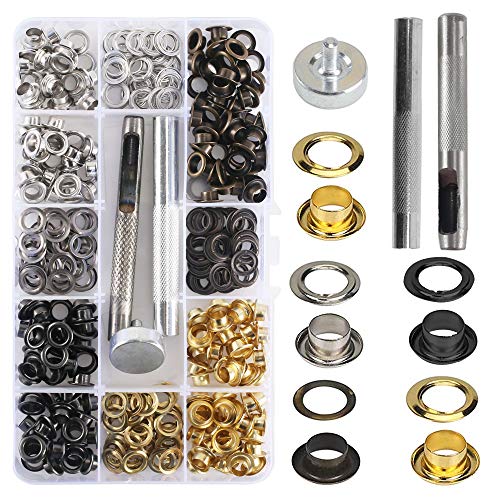 KINDPMA 200pcs Ösen Set Grommet Werkzeug Kit Ösenzange Set Ösenwerkzeug Planenösen 6mm Ösen Scheiben Locheisen mit Box Nietösen für Leder Schuhe Planen Stoff Papier Markisen von KINDPMA