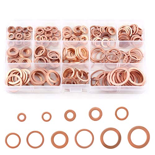 KINDPMA 300 Stück Kupferdichtringe Kupfer Flach Unterlegscheiben Kupfer Dichtung M5-M16 Kupferring Sealing Ring Flache Dichtring Sortiment Kit mit Box für Schrauben Verbindungselemente (11 Größen) von KINDPMA