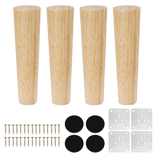 KINDPMA 4 Stück 18cm Möbelfüße Holz Möbelbeine Eiche Konisch Beine für Möbel Tischbeine Kegel Schrankfüße mit Montageplatte, Schrauben, Holzfüße für Couch Schrank Bett Tisch Kommode Couchtisch von KINDPMA