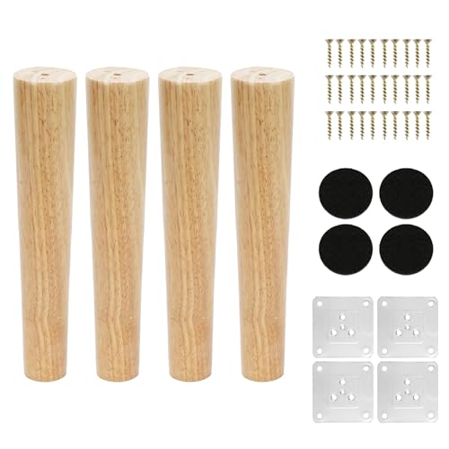 KINDPMA 4 Stück 25cm Möbelfüße Holz Möbelbeine Eiche Konisch Beine für Möbel Tischbeine Kegel Schrankfüße mit Montageplatte, Schrauben, Holzfüße für Couch Schrank Bett Tisch Kommode Couchtisch von KINDPMA