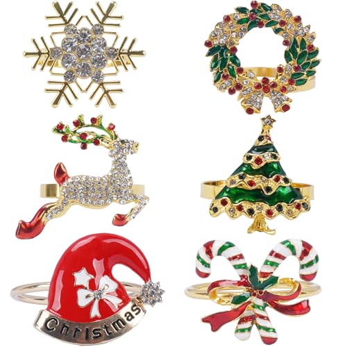 KINDPMA 6 Stück Serviettenringe Weihnachten Serviettenschnalle Gold Serviettenhalter für Weihnachts Dinnerparty (Schneeflocken Weihnachtskranz Elch Weihnachtsbaum Weihnachtsmütze Süßigkeiten) von KINDPMA
