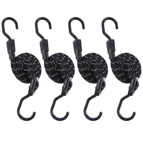 KINDPMA Verstellbar Spanngummi mit Haken, Expander mit Metallhaken 4er Set, 120cm Flach Gepäckspanner Schwarz Gummiseil, Reflektierend Gummispanner Gummibänder für Sonnensegel, Fahrrad, Auto, Tarps von KINDPMA
