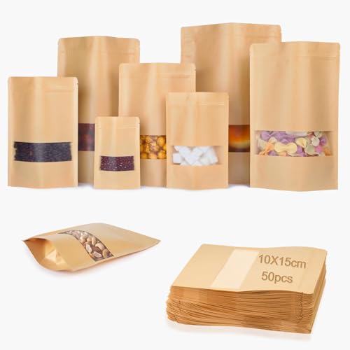 KINETOX Kraftpapiertüten 10X15cm verpackungstüten mit Fenster Standbeutel aus 50 Stück Kraftpapier Papiertüten Braun Kraftpapierbeutel für Nüsse Kaffeebohnen Teeblätter Süßigkeiten Snacks von KINETOX