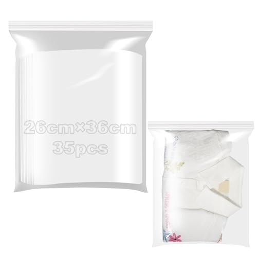 Wiederverschließbare Beutel 26x36 cm Plastikbeutel Verschließbar Druckverschlussbeutel 35 Stück Tüten Zipbeutel Transparente Reißverschlusstaschen Perfekt für Küche Lagerung Kleidung Schmuck und Büro von KINETOX