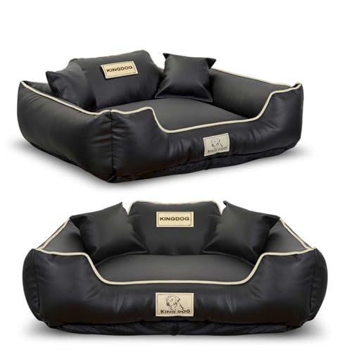 KING DOG Hundebett Hundebox aus Kunstleder L 100x75 cm personalisierbar mit Namen Abnehmbarer Bezug rutschfest Schwarz von KING DOG