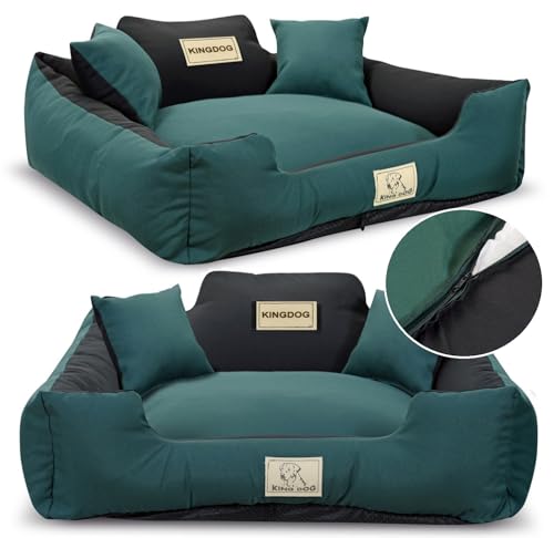 KING DOG Hundebett sehr Grosse Hunde Waschbar XL 115 x 95 cm Hundekissen Hundekorb Personalisiert - Name des Hundes Mit Reißverschluss Abnehmbares Kissen rutschfeste Unterseite Silikon Füllung Grün von KING DOG