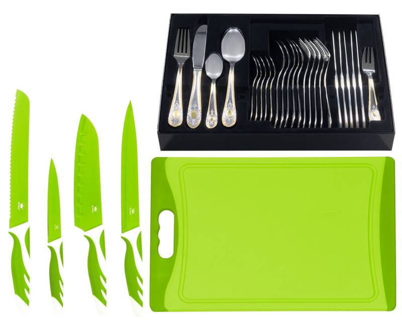 KING Besteck-Set »BAS GOLD« (36-tlg), 6 Personen, Edelstahl 18/0, mit Dekor in Gold-Optik, inkl. Etui, 4 Küchenmesser, 1 Schneidebrett von KING