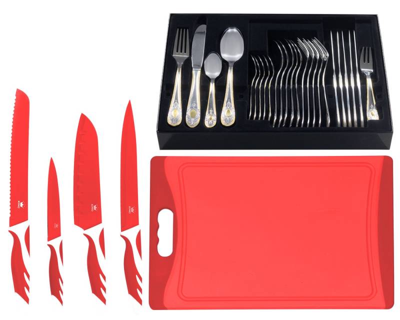 KING Besteck-Set »BAS GOLD« (36-tlg), 6 Personen, Edelstahl 18/0, mit Dekor in Gold-Optik, inkl. Etui, 4 Küchenmesser, 1 Schneidebrett von KING