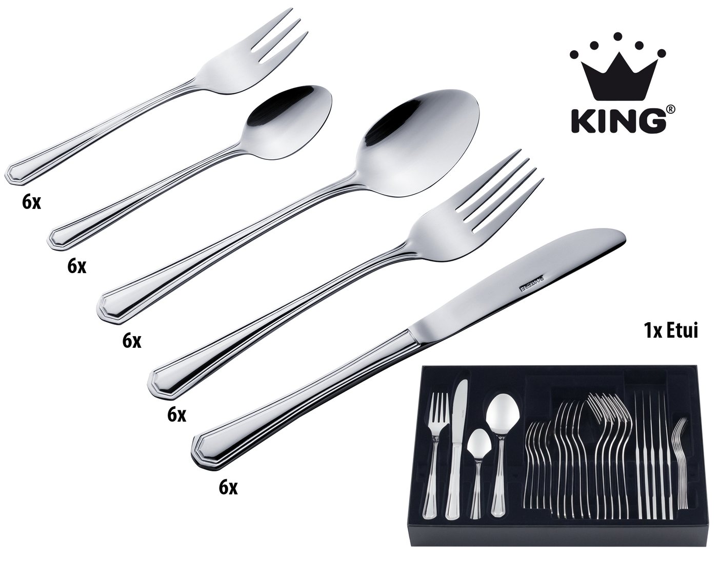 KING Besteck-Set »Düsseldorf« (31-tlg), 6 Personen, Edelstahl 18/0, Besteck im zeitlosen Design, mit Besteck-Etui von KING