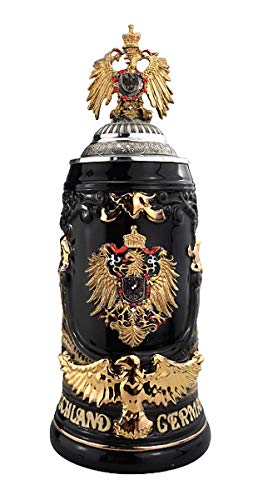 KING Bierkrug 0,75 Liter Deutschlandadler Bierseidel, schwarz, Goldzinnadler, mit Goldzinnadlerhenkel und Goldzinnadlerdeckel von KING