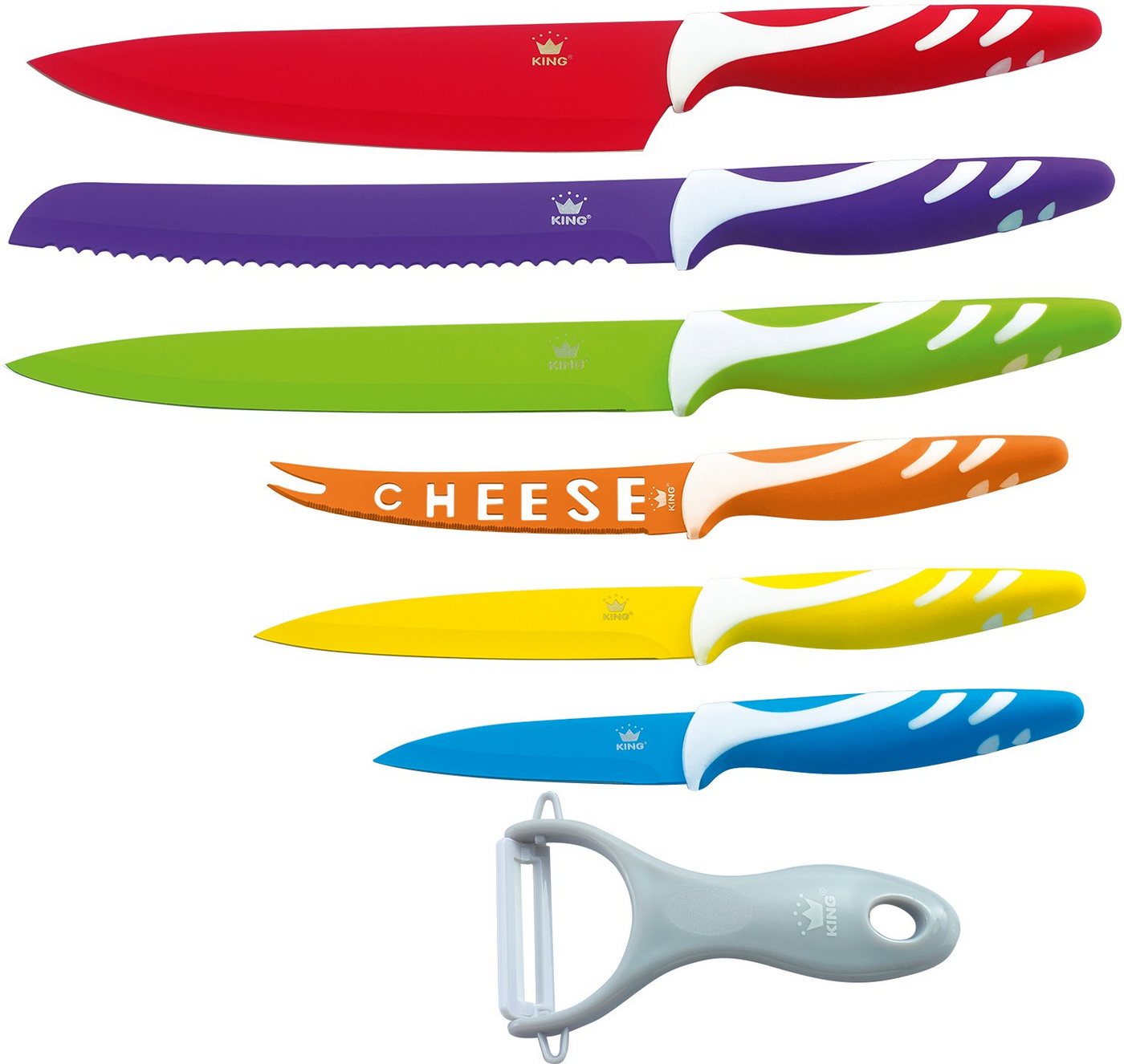 KING Messer-Set FRUTI (Set, 6-tlg., arbenfroher Farbmix, mit Käsemesser), inklusive Schäler und mit speziellem Käsemesser von KING