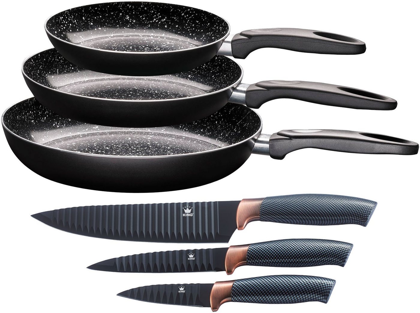 KING Pfannen-Set Küchenstart, Aluminium (Set, 6-tlg., 3 Pfannen, 3 Messer), Induktion, Keramikbeschichtung von KING