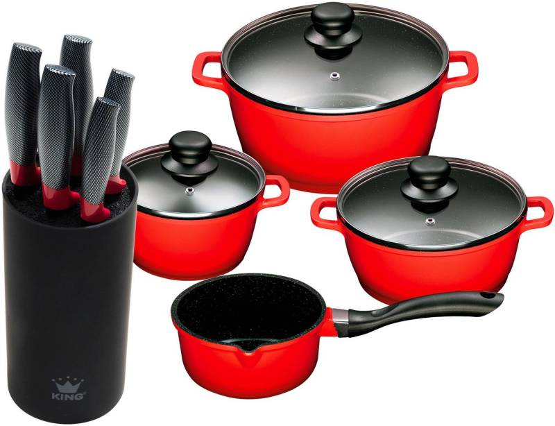 KING Topf-Set, Aluminiumguss (Set, 10-tlg., 4 Töpfe, 3 Deckel, 1 Messerblock, 5 Kochmesser), Induktion von KING