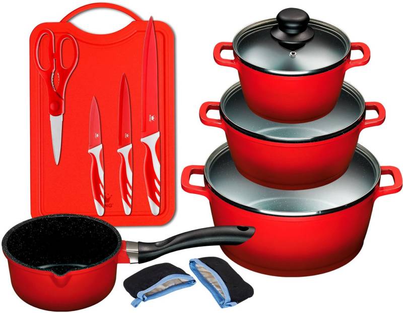 KING Topf-Set ALUGUSS, Aluminiumguss (Set, 14-tlg., je 1 Kochtopf 16/20/24 cm, 1 Stieltopf 16 cm, Schneidebrett mit Messer), Keramikantihaftbeschichtung, Induktion von KING