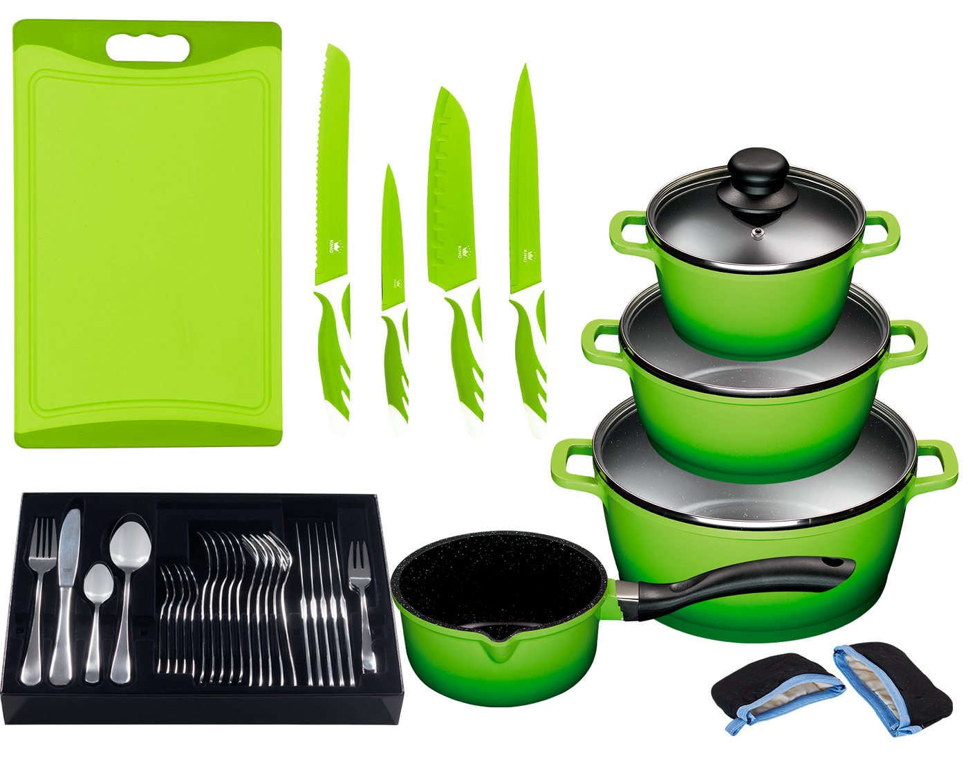 KING Topf-Set »ALUGUSS« Aluminiumguss, Induktion, Antihaftbeschichtung, Aluminiumguss (Set, 43-tlg., 3 Töpfe, 1 Stieltopf, 3 Glasdeckel), inkl. 4 Küchenmesser, 1 Schneidebrett, 1 Besteck-Set + Etui von KING