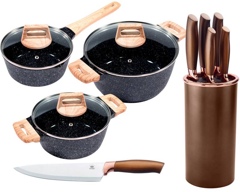 KING Topf-Set »ESSENTIAL« Aluminiumguss, Induktion, Antihaftbeschichtung, Aluminiumguss (Set, 11-tlg., 2 Töpfe, 1 Stieltopf, 3 Glasdeckel), inkl. 5 Küchenmesser, 1 Messerblock von KING