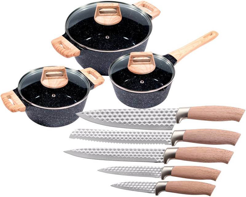 KING Topf-Set »ESSENTIAL« Aluminiumguss, Induktion, Antihaftbeschichtung, Aluminiumguss (Set, 11-tlg., 2 Töpfe, 1 Stieltopf, 3 Glasdeckel), inkl. 5 Küchenmesser von KING