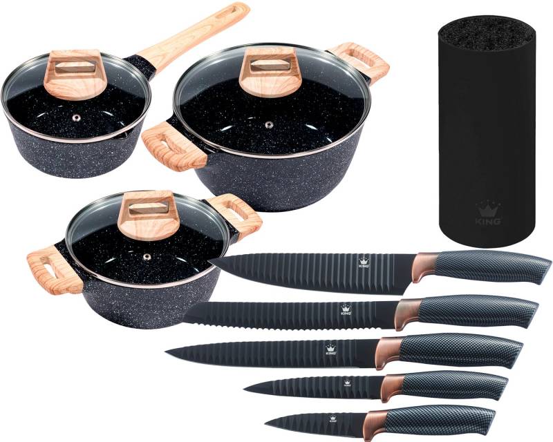 KING Topf-Set »ESSENTIAL« Aluminiumguss, Induktion, Antihaftbeschichtung, Aluminiumguss (Set, 12-tlg., 2 Töpfe, 1 Stieltopf, 3 Glasdeckel), inkl. 5 Küchenmesser, 1 Messerblock von KING