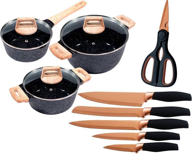 KING Topf-Set »ESSENTIAL« Aluminiumguss, Induktion, Antihaftbeschichtung, Aluminiumguss (Set, 12-tlg., 2 Töpfe, 1 Stieltopf, 3 Glasdeckel), inkl. 5 Küchenmesser, 1 Schere von KING