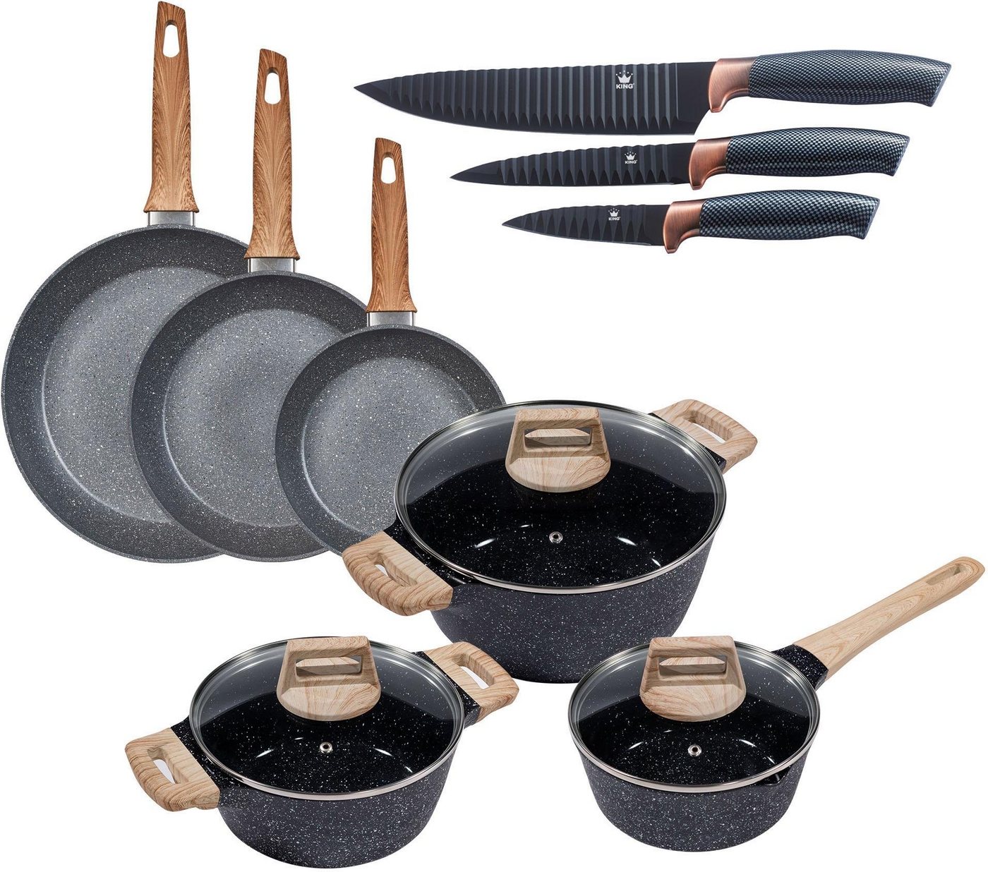 KING Topf-Set Essential, Aluminium (Set, 12-tlg., 3 Töpfe, 3 Deckel, 3 Pfannen, 3 Küchenmesser), Induktion von KING