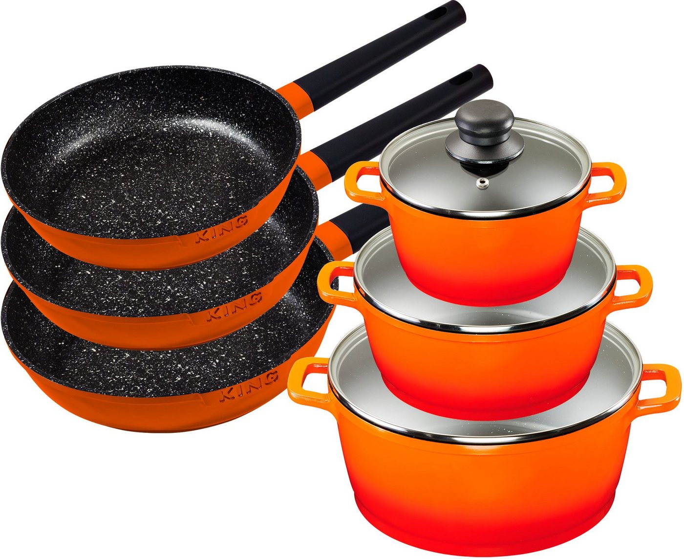 KING Topf-Set Shine Orange, Aluminiumguss (Set, 9-tlg., je 1 Kochtopf mit Deckel 18 /20/24 cm, je 1 Bratpfanne 20/24/28 cm), Induktion von KING