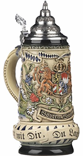 Bierkrug rustikaler Bayern Seidel, Staatswappen vorn, seitlich München und Neuschwanstein, Motto Gott mit Dir, Du Land der Bayern 0,5 Liter Bierseidel KI 393-RU 0,5L Bayern von KING