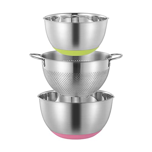 Edelstahl Schüssel 3 Stück Rührschüssel & Seiher Set Edelstahl Rührschüsseln mit Ausgießer Anti-Rutsch Salatschüssel mit Nudelsieb Küchensieb Stapelbar Servierschalen für Küche (22cm/24cm/ 26cm) von KINGBON