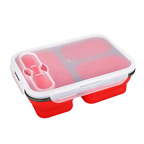 KINGBOO Silikon-Aufbewahrungsbehälter, faltbar, 3 Fächer, Kinder-Bento-Lunchbox mit Gabel, Löffel-Set, Rot von KINGBOO