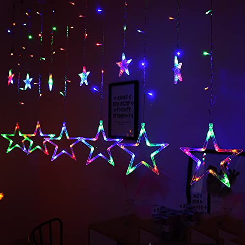 138 LED Vorhang Lichterkette,KINGCOO 2m 12 Sterne Batteriebetriebene Fenster Vorhang Fee Lichterketten Dekoleuchte für Festival Weihnachten/Hochzeit/Party/Garten Dekorationen (Bunt) von KINGCOO